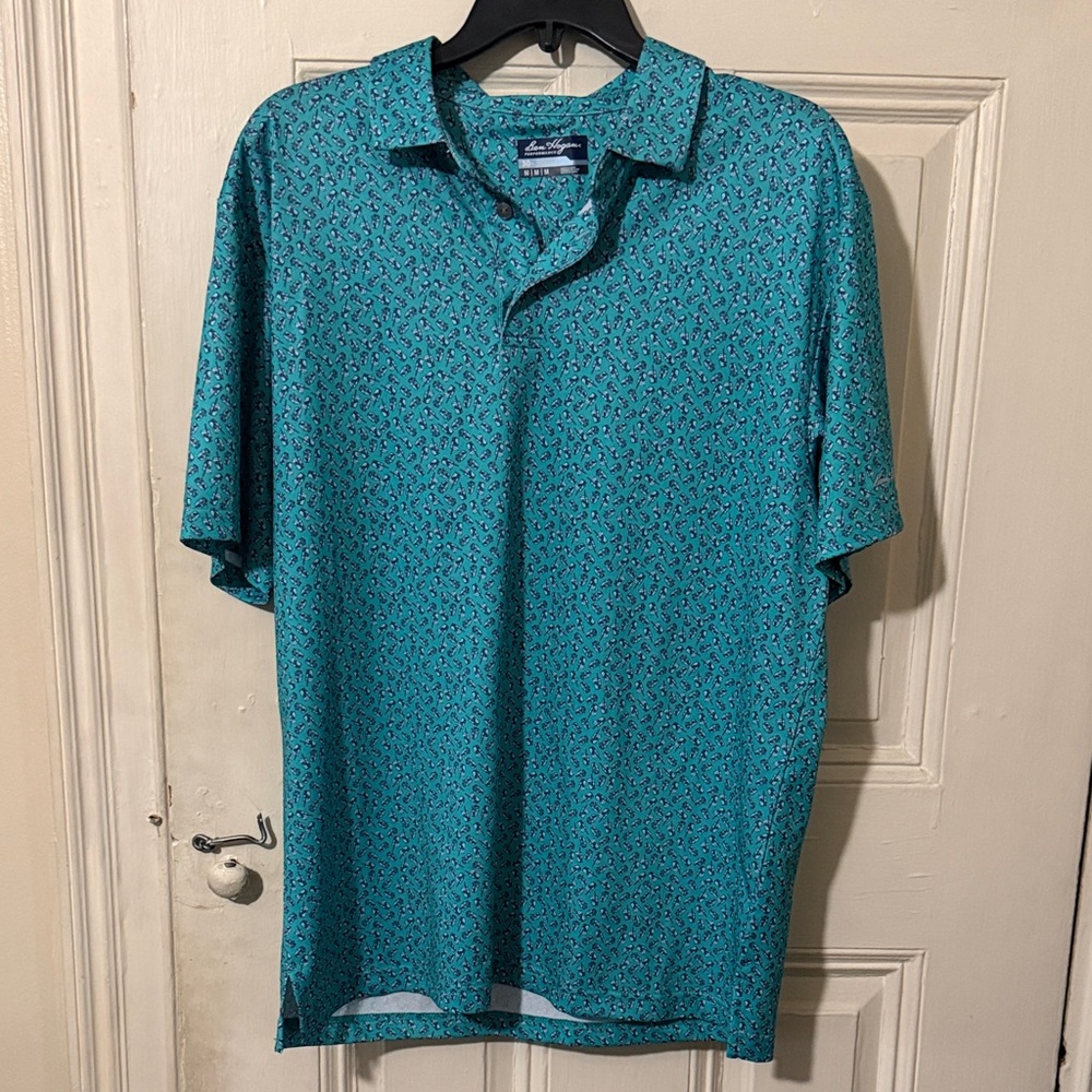 Ben Hogan Performance Men’s Golf Polo – M – Teal Drink Cup Print Stretch